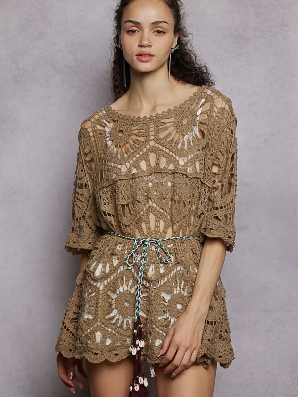 031. POL, Boho Crochet Lace Tunic Top